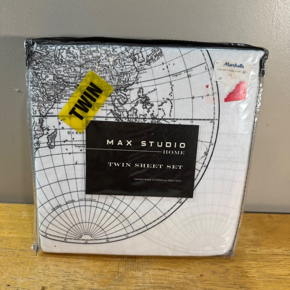 Max Studio Home Twin Sheet Set White Black Map Print Microfiber 3pc New